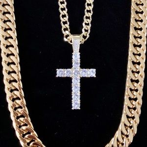 CROSS SET 18K GOLD FULL DIAMONDS CZ CHAIN ITALY